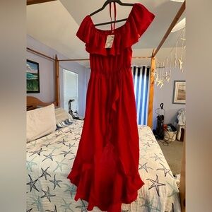 Red Off-the-Shoulder Faux Wrap Midi Dress